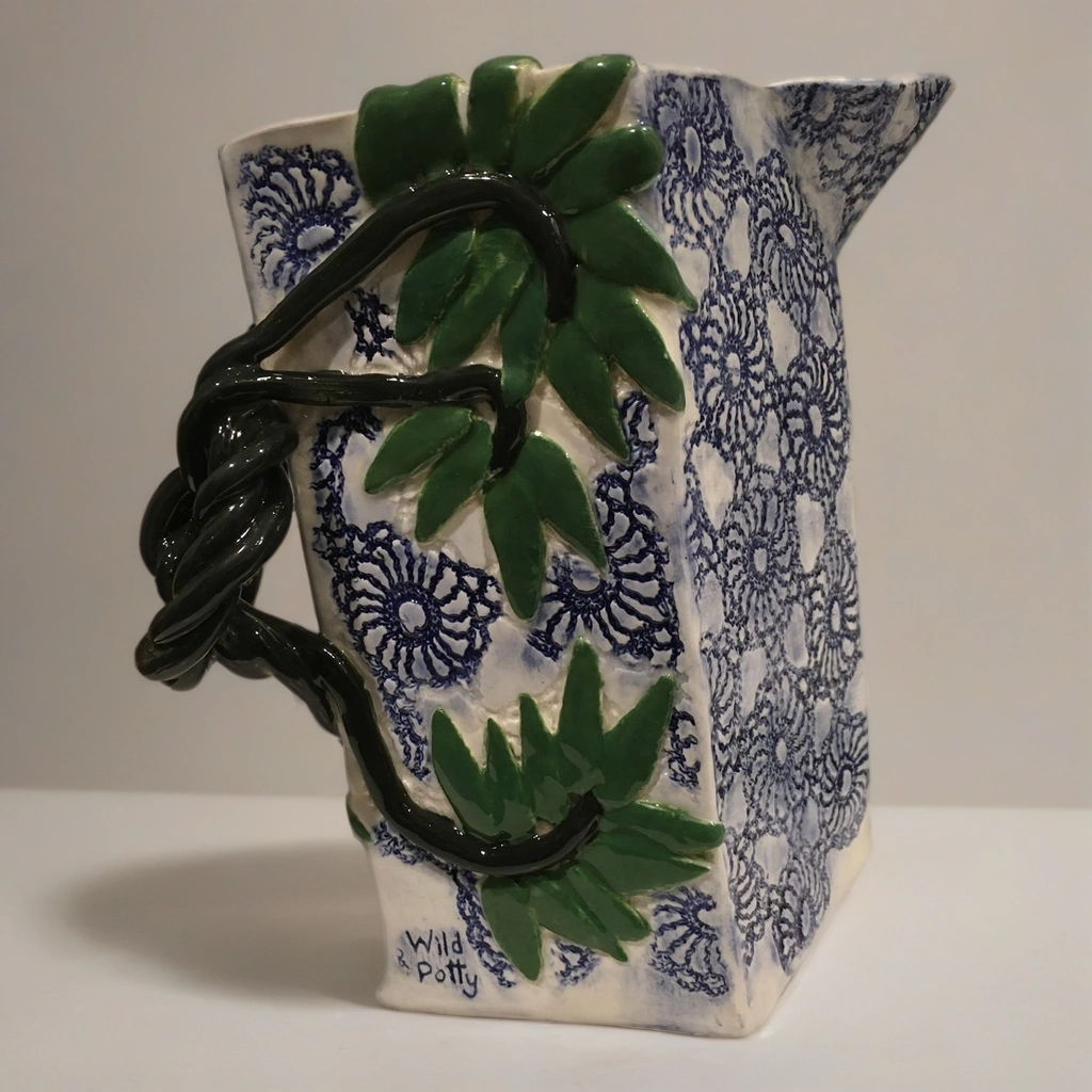 Handbuilt ceramic jug with applied leaves and blue lace glaze